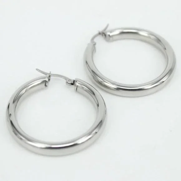 NEW 18K WHITE GOLD ROUND 2” TUBE HOOP EARRINGS - Picture 2 of 6
